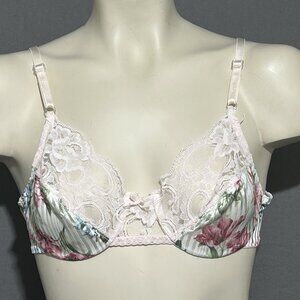 Vintage Balconette Bra 34B Floral & Pink Lace Unlined Underwired Full Coverage
